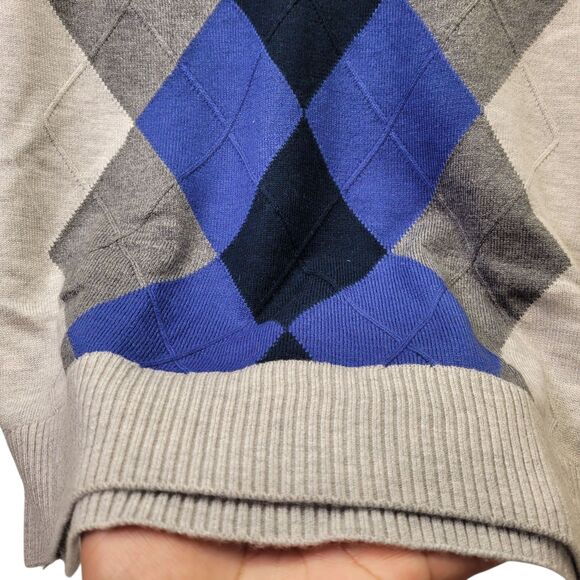 Men Argyle V-Neck Sweater Vest Winter Sleeveless Wool Knitted Gray & Blue Large - Picture 6 of 8